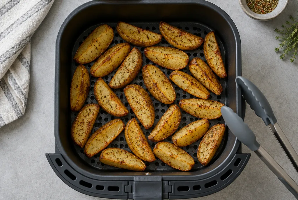 Overhead view of an air fryer basket with potato wedges in a single even layer