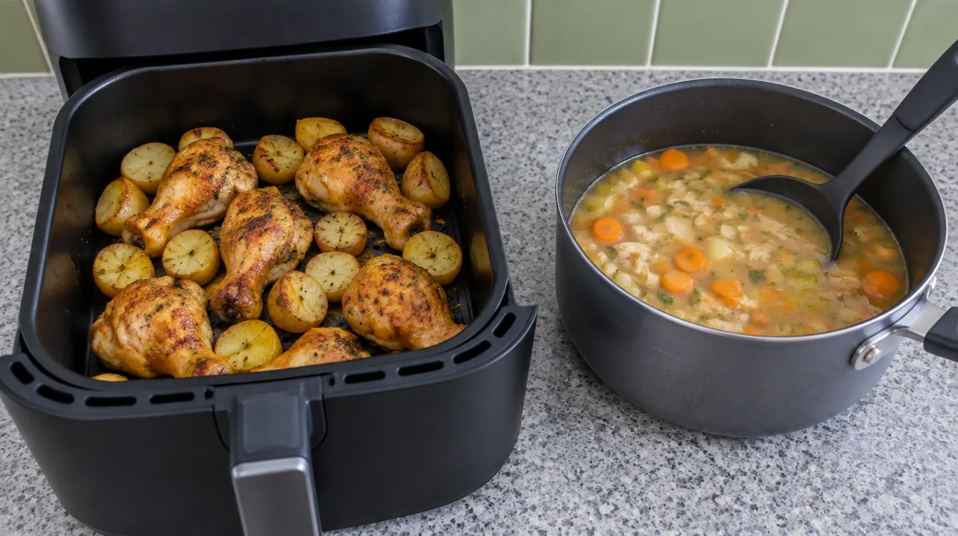 An air fryer basket of chicken drumsticks and potatoes beside a pan of soup