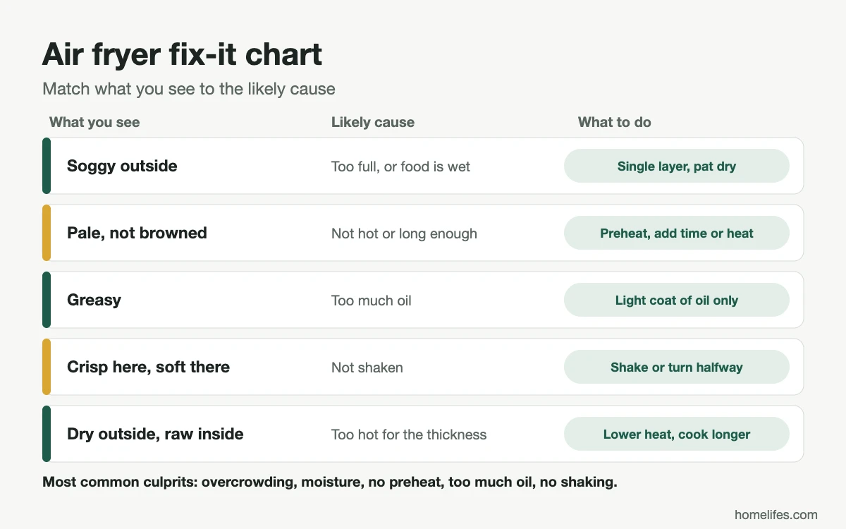 Diagram: air fryer troubleshooting, matching soggy, pale, greasy, uneven and dry results to their likely causes and fixes
