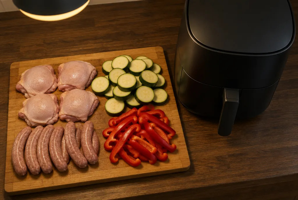 A board of chicken thighs, sausages, courgette and peppers laid out next to an air fryer, ready to cook
