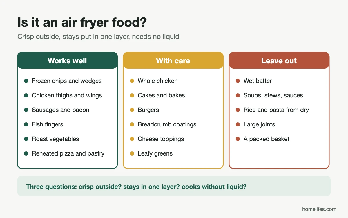 Diagram: air fryer foods sorted into works well, works with care, and avoid, with a three-question test
