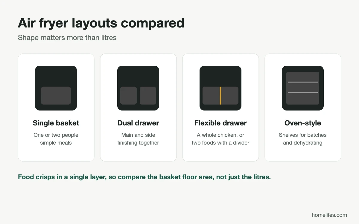 Diagram: four air fryer layouts compared, single basket, dual drawer, flexible drawer and oven-style