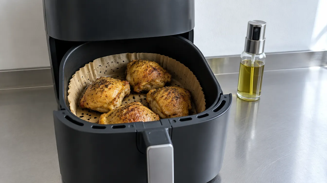 Chicken thighs in an air fryer basket lined with perforated paper, beside an oil spray bottle