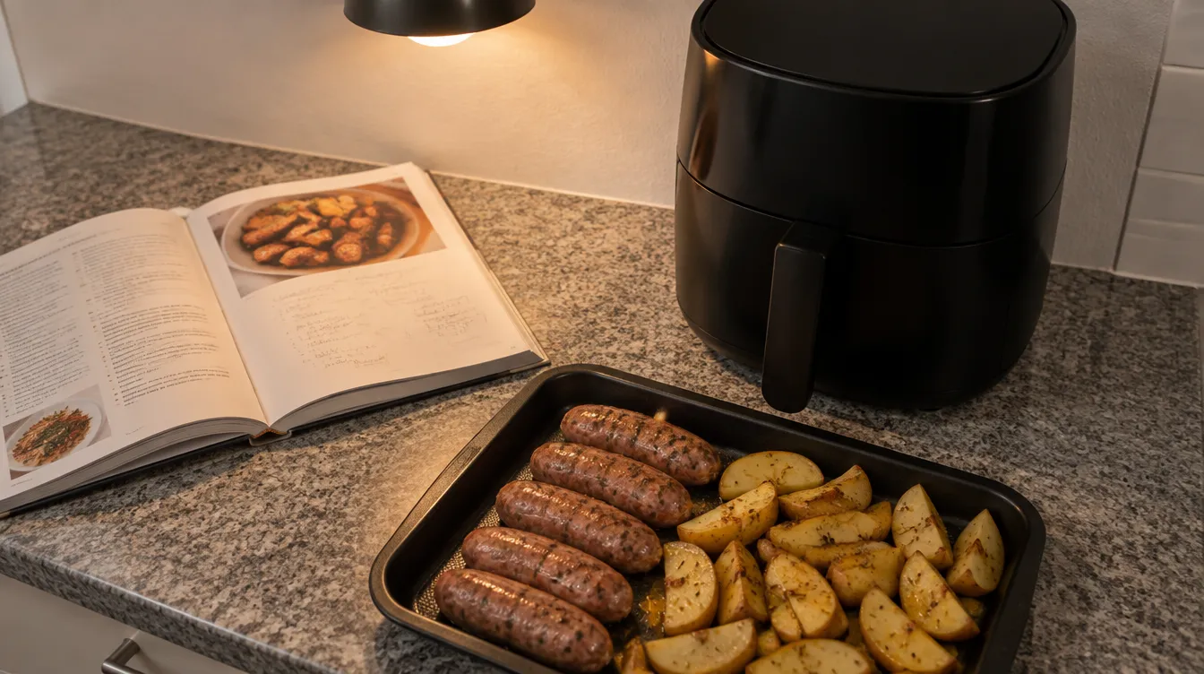 An air fryer beside an open recipe book and a tray of sausages and potato wedges