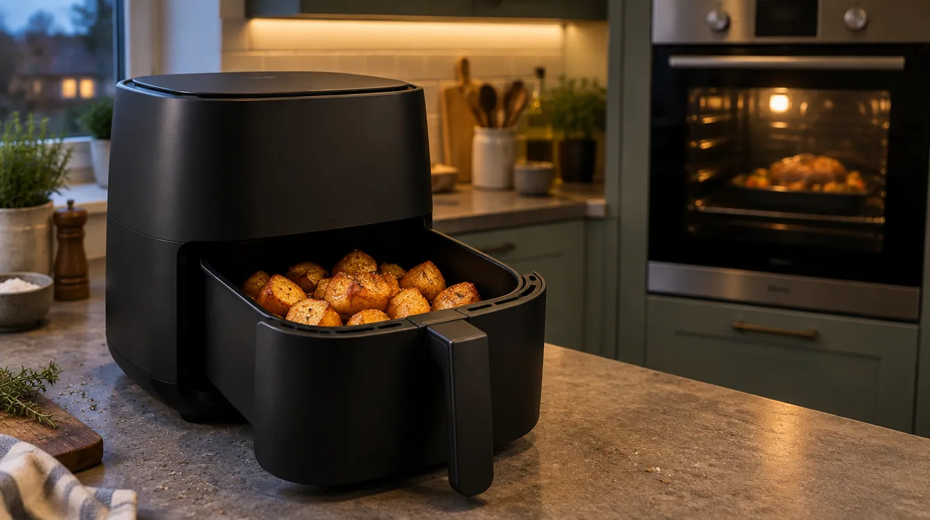 An air fryer drawer open showing crispy roast potatoes, with a full-size oven behind it