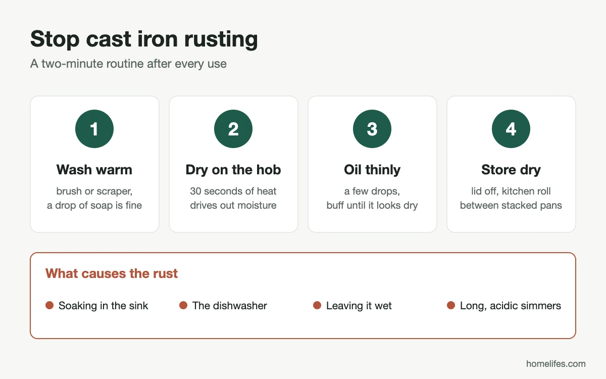 Diagram: the daily routine that stops cast iron rusting, from wash to dry to oil