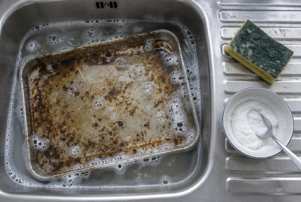 A baking tray with baked-on residue soaking in warm soapy water in a sink