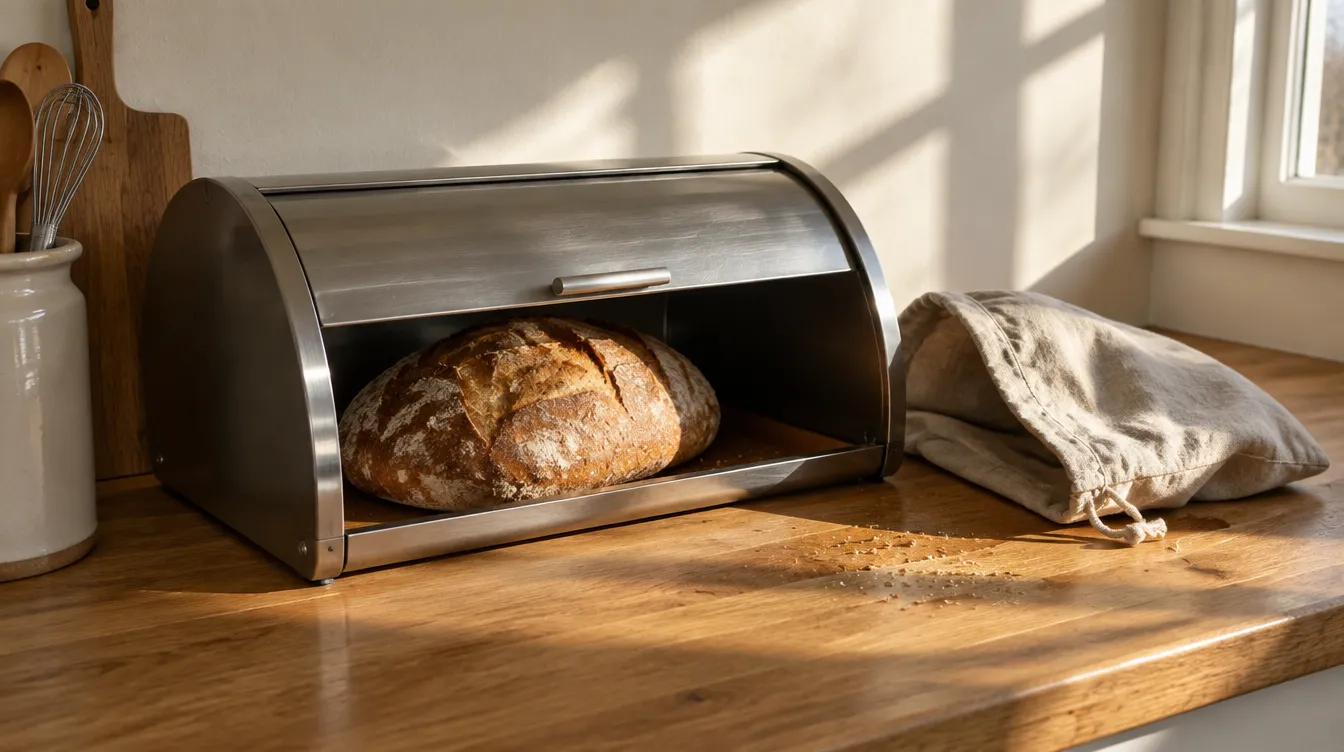 A crusty loaf in a roll-top bread bin beside a linen bread bag