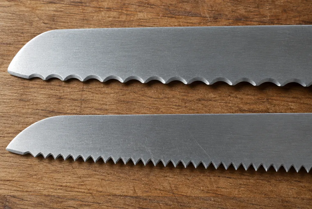 Two bread knife blades compared: rounded scalloped serrations above, pointed saw-like teeth below
