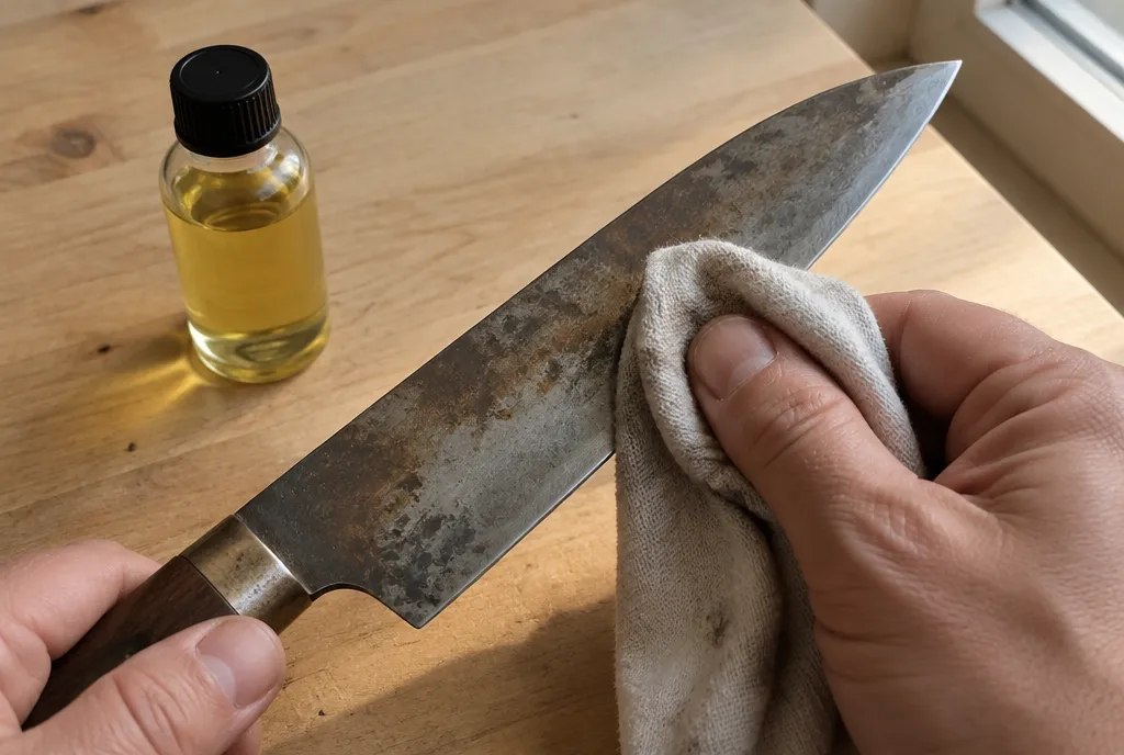 A carbon steel knife blade with a grey patina being wiped dry with a cloth beside a small bottle of oil