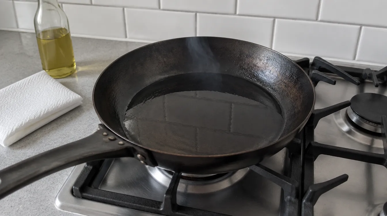 A well-seasoned carbon steel frying pan on a gas hob with a thin film of oil