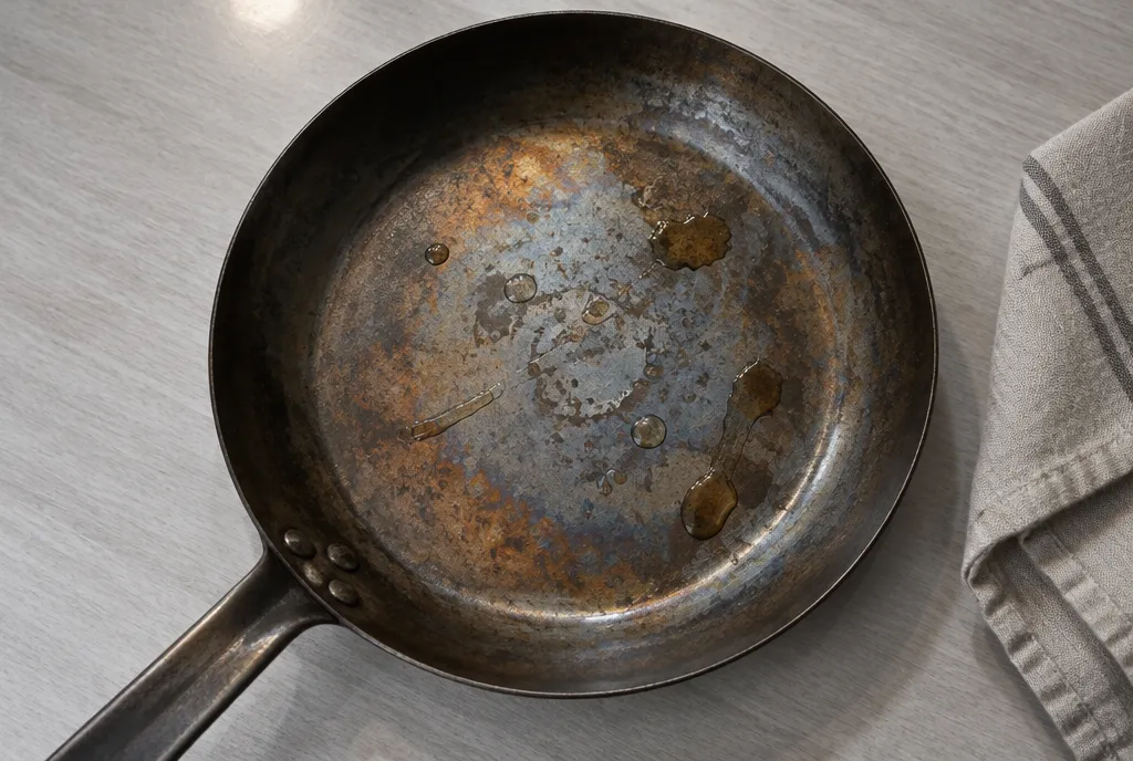 Close-up of a carbon steel pan base with a mottled blue, orange and brown patina