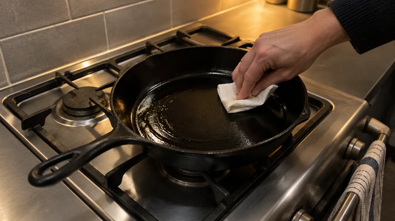 A cast iron skillet on a gas hob being wiped with a thin layer of oil