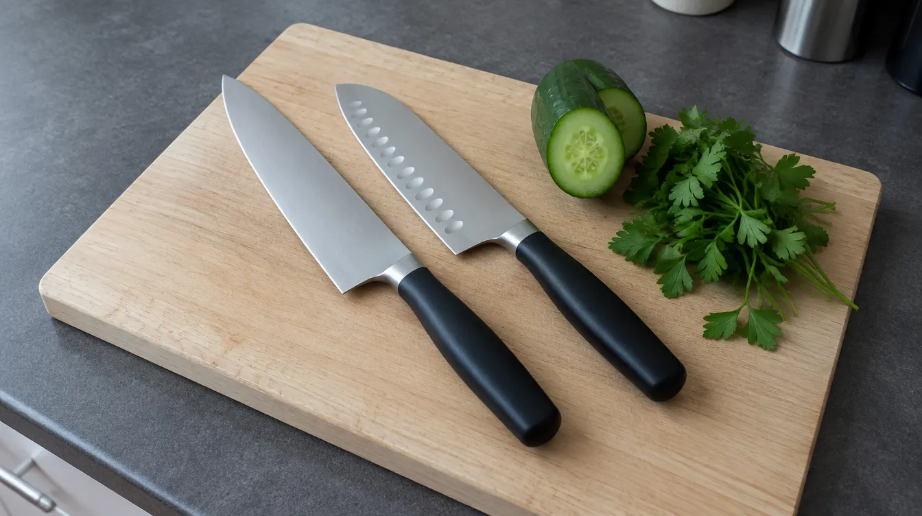 A chef's knife and a santoku knife side by side on a wooden board with cucumber and parsley