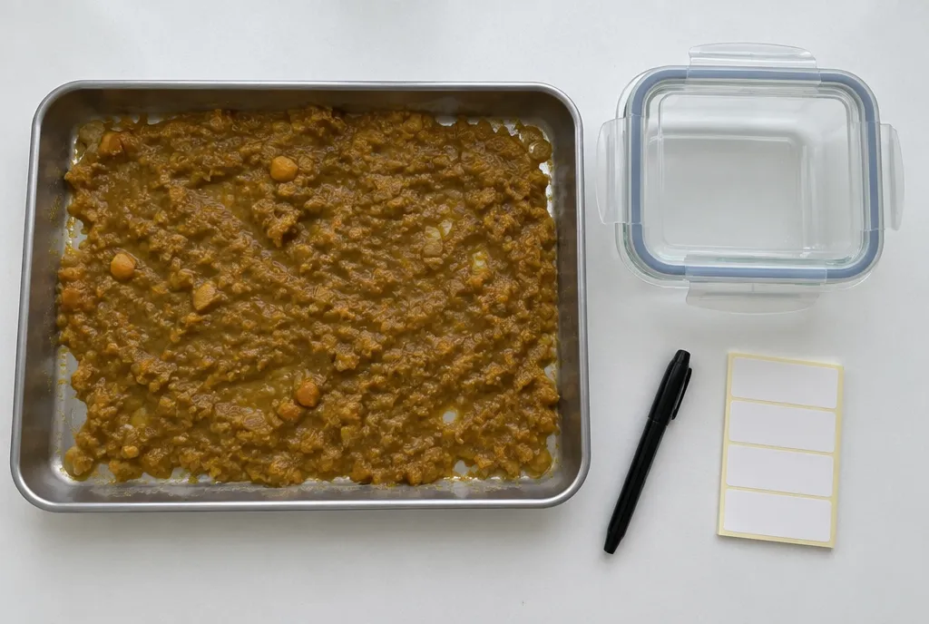 A shallow tray of curry cooling on a worktop beside a clip-lid container, a marker pen and blank labels