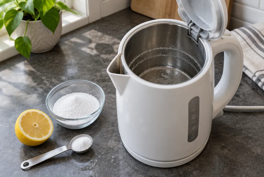 Descaling a kettle with citric acid, a measuring spoon and half a lemon