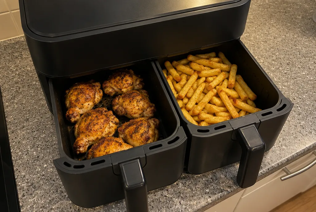 A dual-drawer air fryer with chicken in one drawer and chips in the other