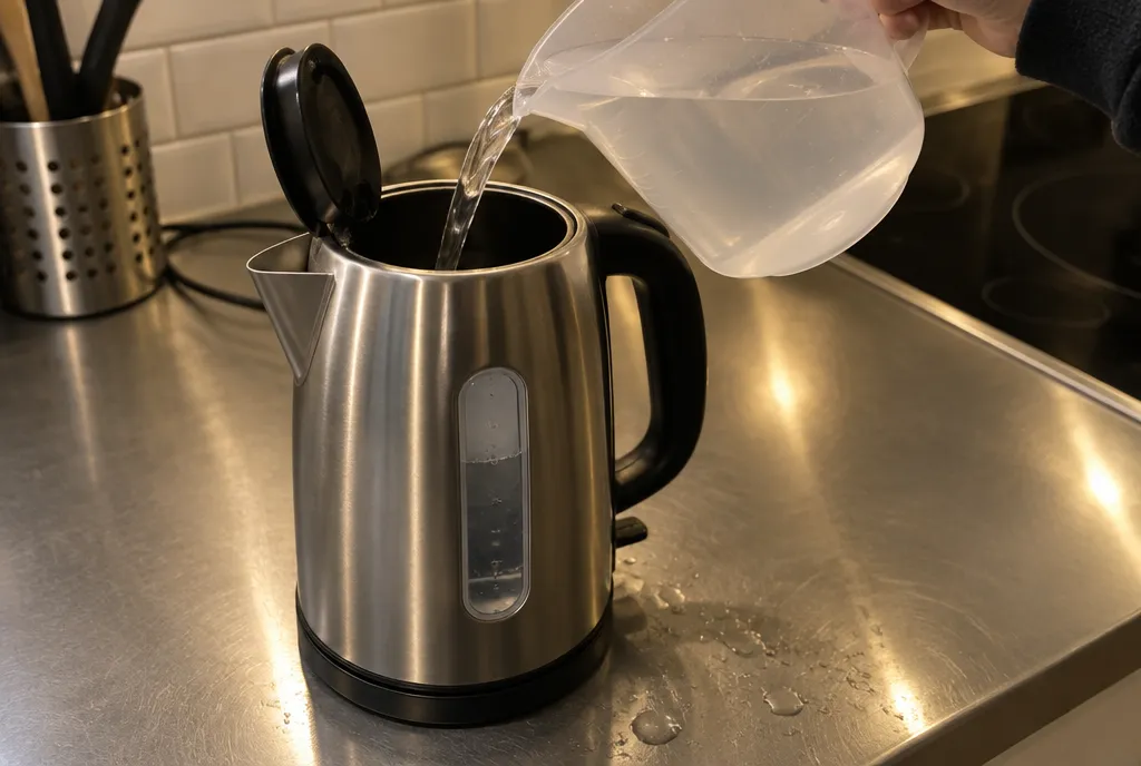 Water being poured from a measuring jug into an electric kettle