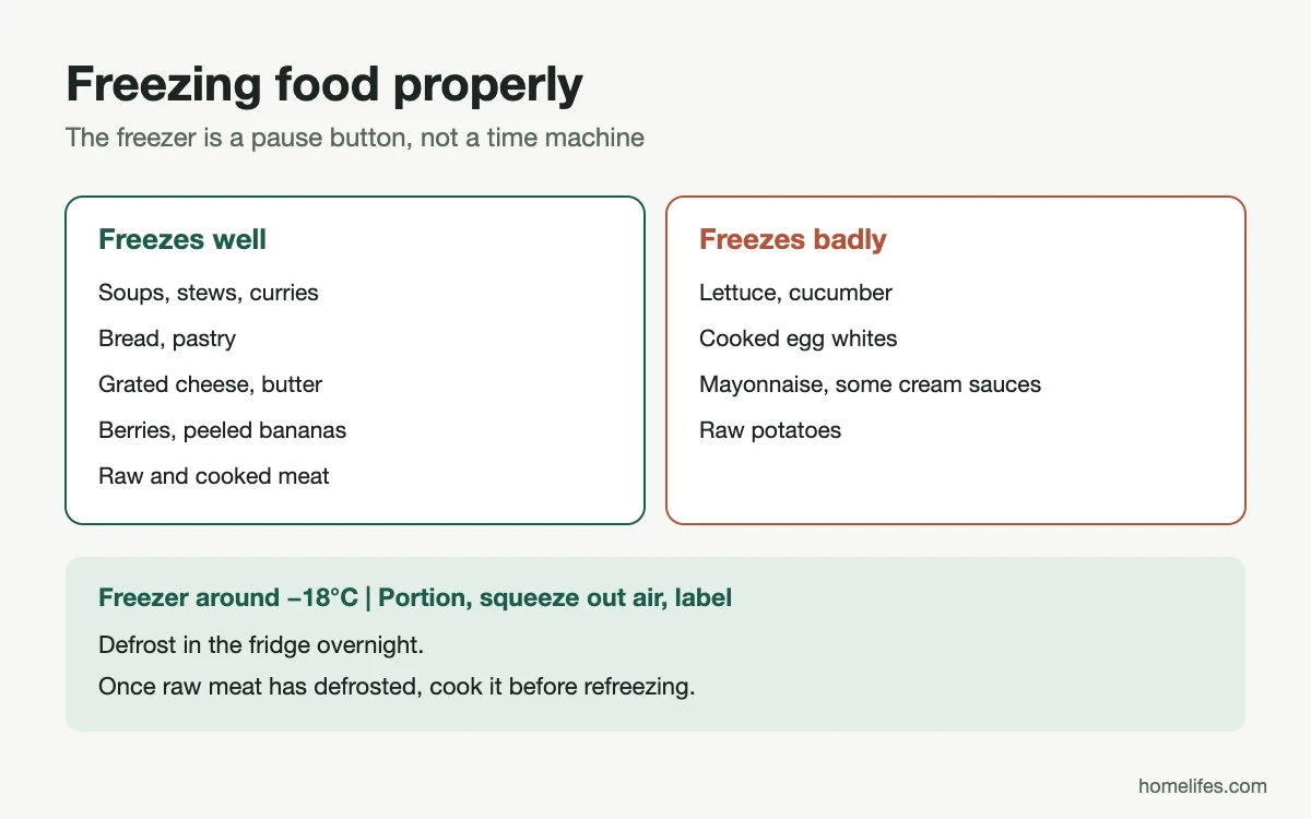 Diagram: foods that freeze well and foods that don't, plus how to defrost safely