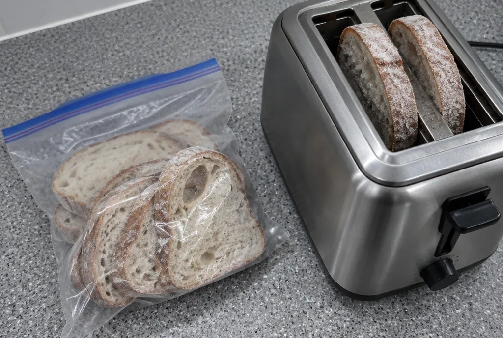 Sliced sourdough in a reusable freezer bag beside a toaster