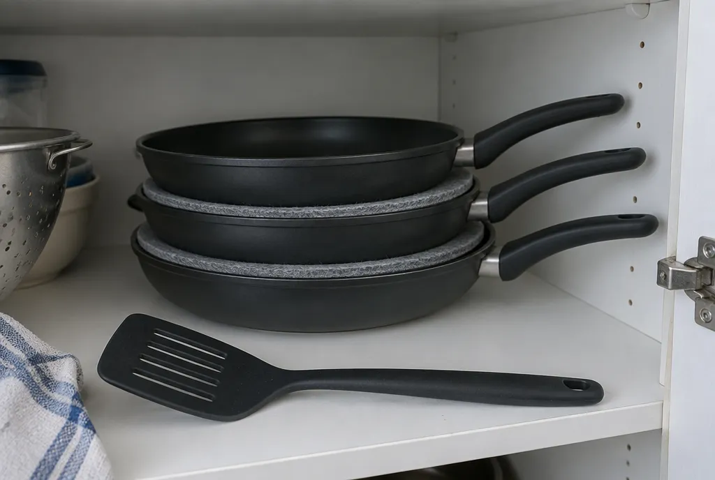 Stacked frying pans in a kitchen cupboard with grey felt protectors between them and a silicone fish slice in front