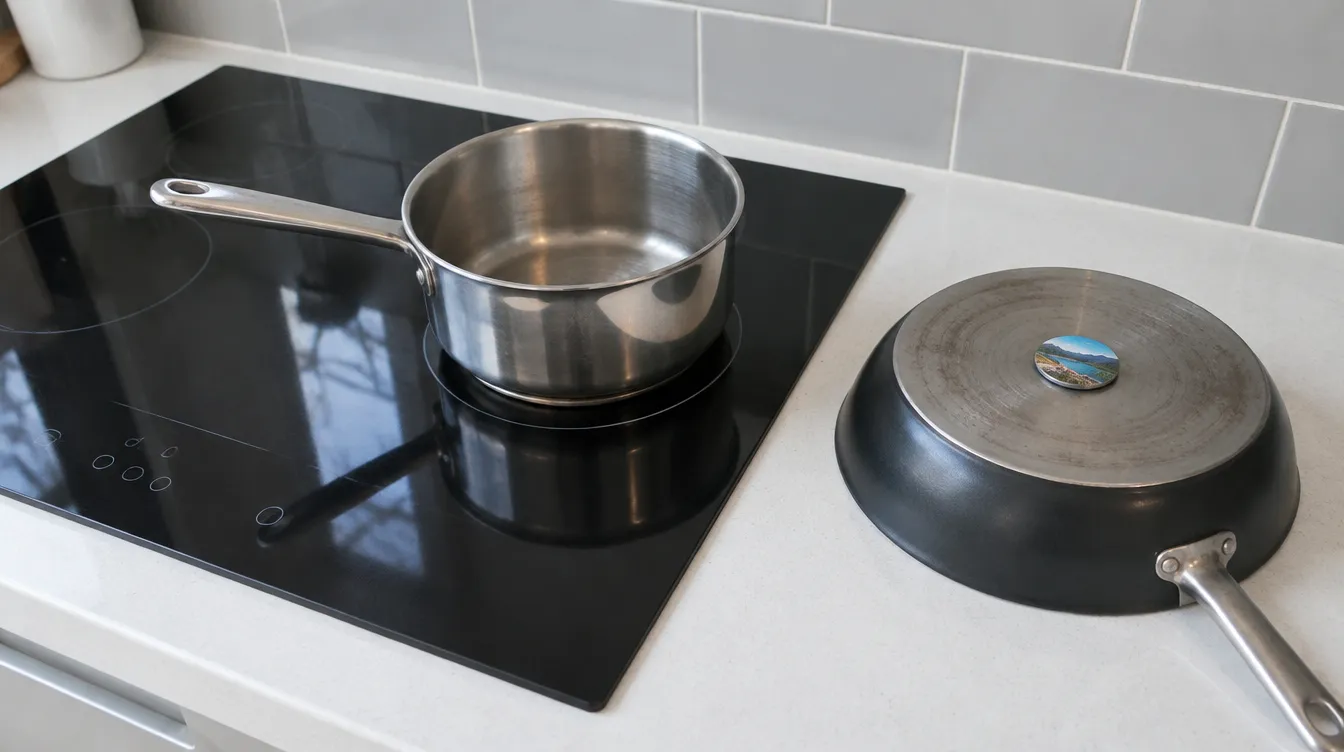 A stainless steel saucepan on a black glass induction hob, with a second pan and a fridge magnet beside it