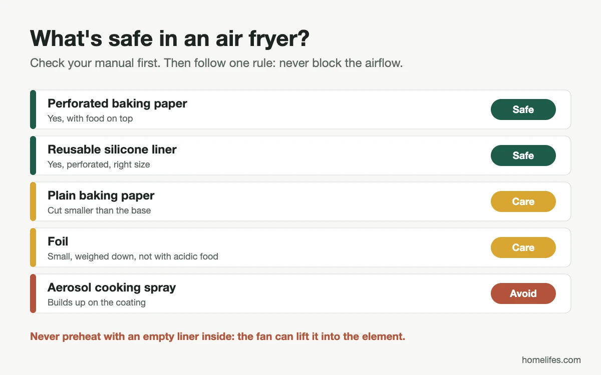 Diagram: what's safe in an air fryer, comparing foil, perforated paper, silicone liners and aerosol sprays
