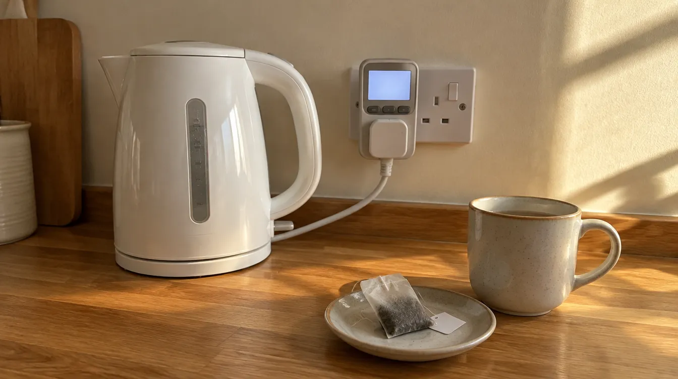A white kettle beside a plug-in energy meter, a mug and a teabag