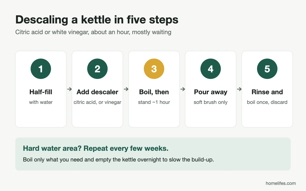 Diagram: five steps to descale a kettle with citric acid or vinegar