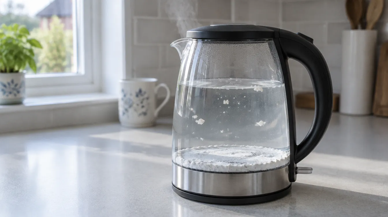 A glass kettle with white limescale on the base and flakes floating in the water