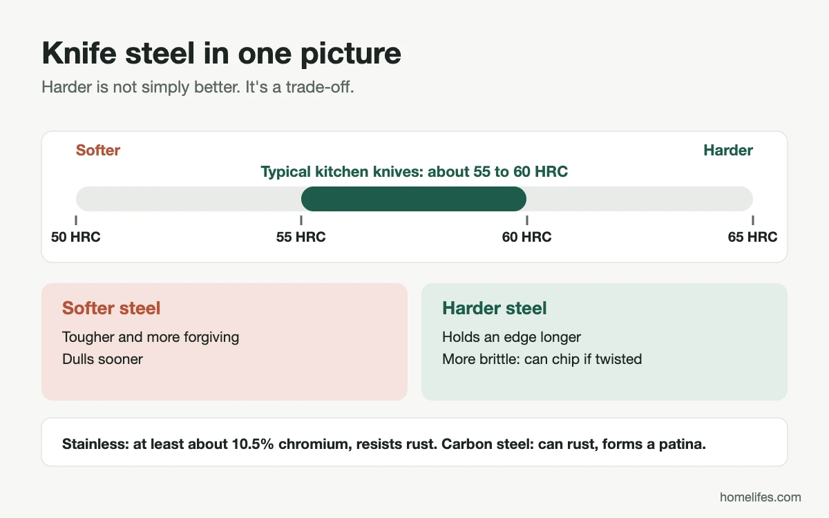 Diagram: knife steel hardness scale showing 55 to 60 HRC as the typical kitchen range, with the trade-off between toughness and edge retention