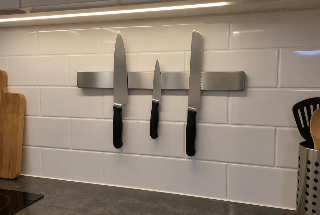 Three kitchen knives on a magnetic wall strip above a worktop
