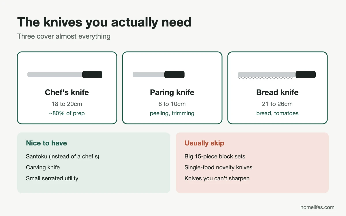 Diagram: the three kitchen knives most home cooks need, plus optional extras