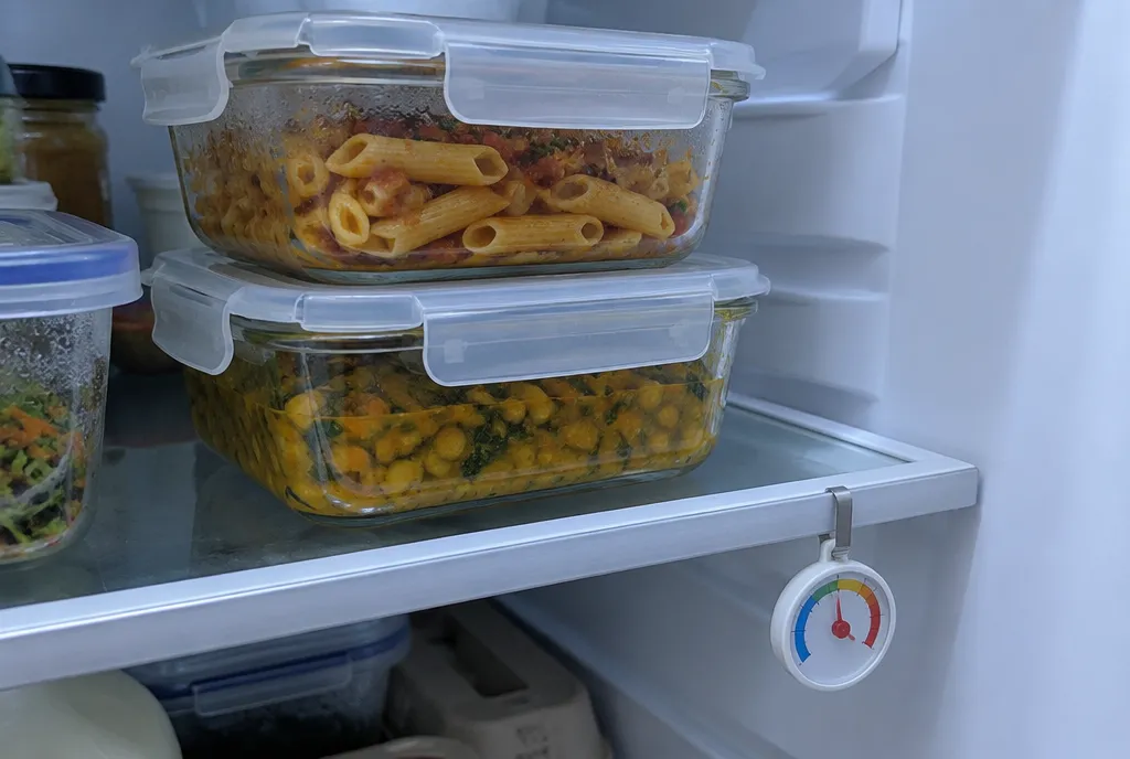 Leftovers in glass containers with lids on the top shelf of a fridge