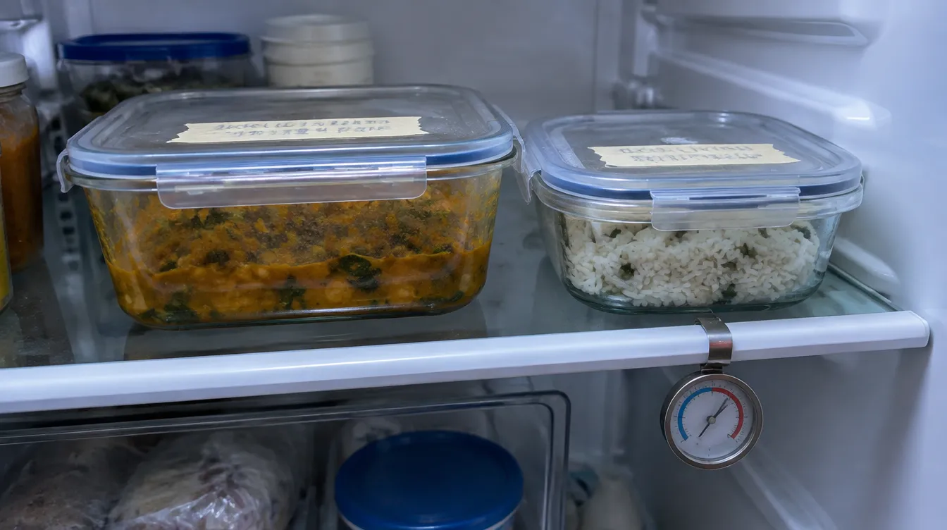 Glass containers of leftover curry and rice on a fridge shelf with a thermometer