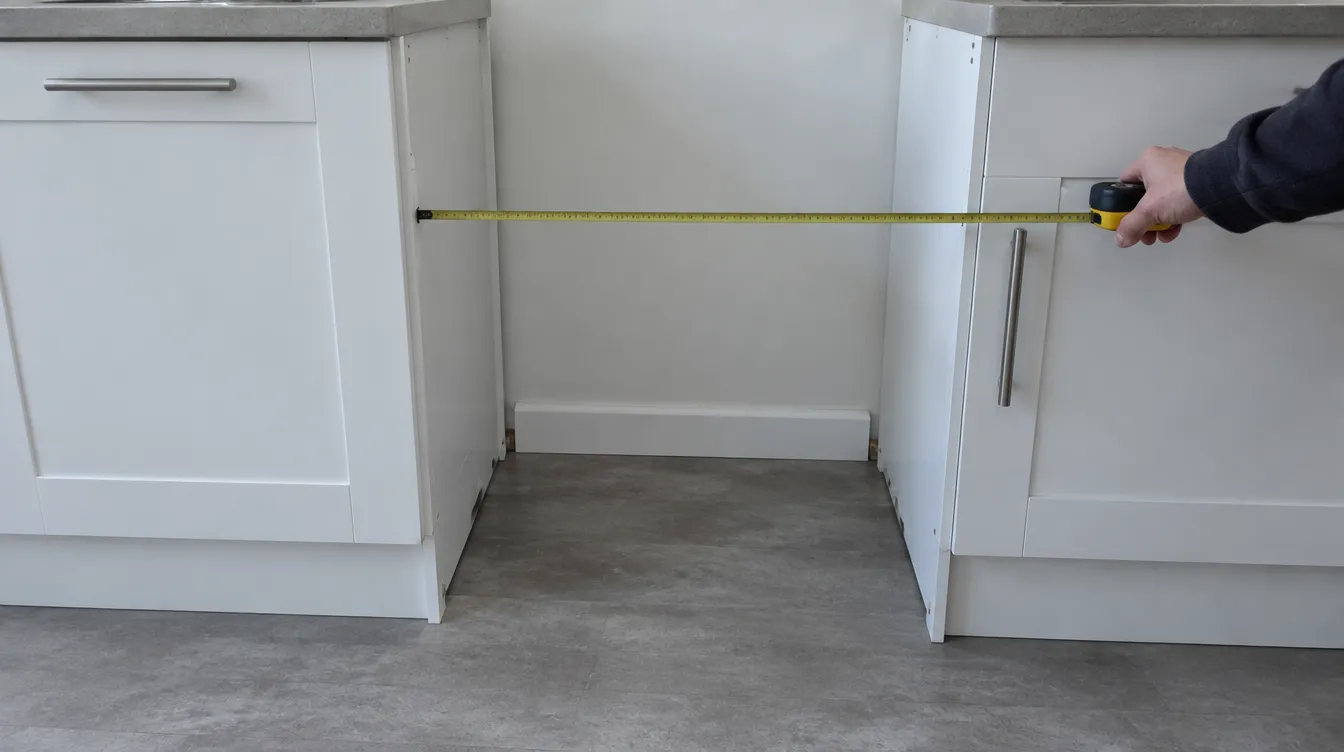 A tape measure held across an empty gap between white kitchen base units