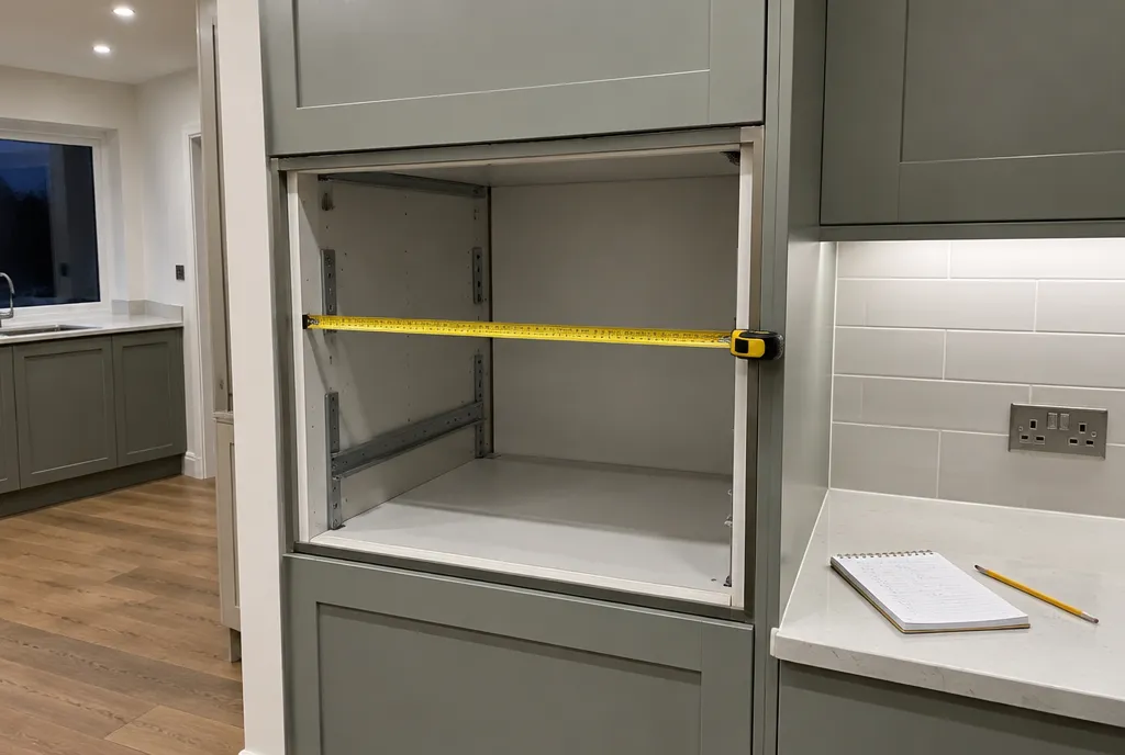 A tape measure held across the gap between two white kitchen base units where an appliance will go