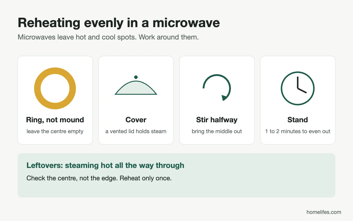 Diagram: how to reheat food evenly in a microwave, arranging, covering, stirring and resting