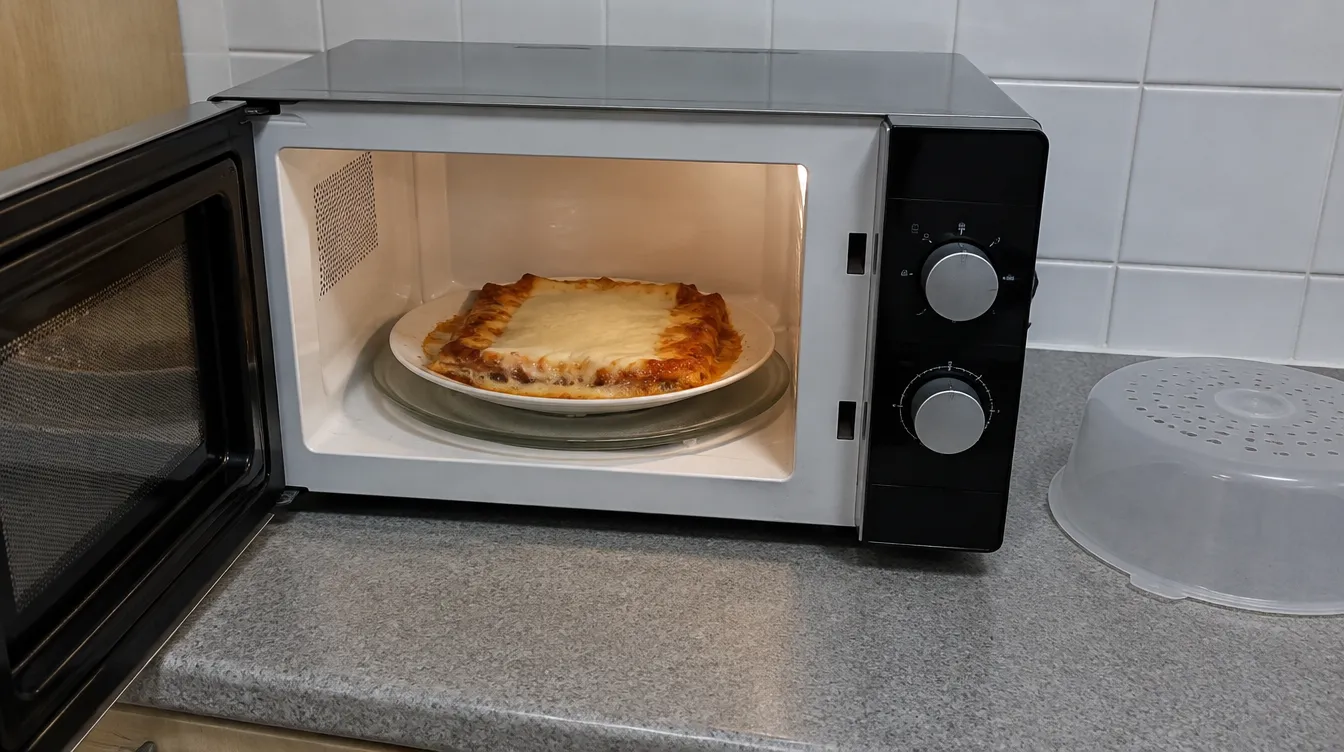 Leftover lasagne on the turntable of an open microwave, with a vented cover beside it