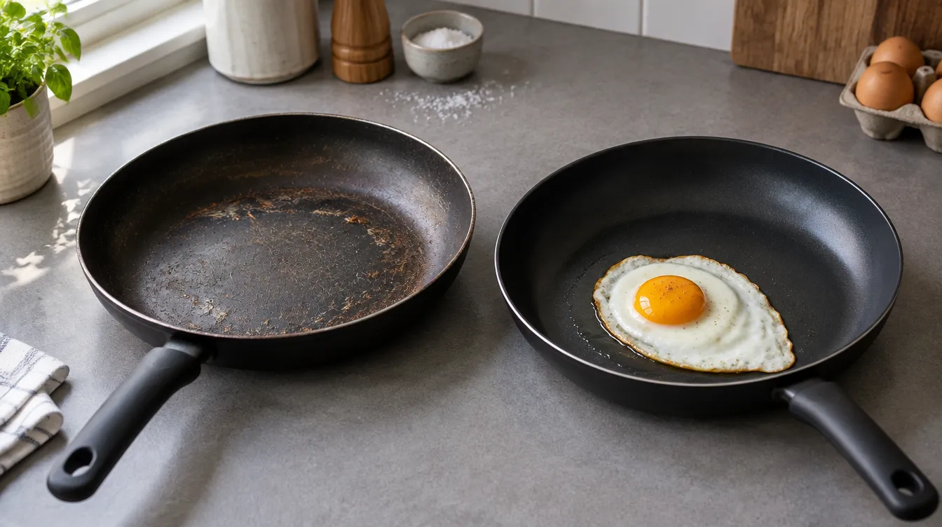 A worn, scratched non-stick frying pan next to a newer pan with a fried egg sliding across it