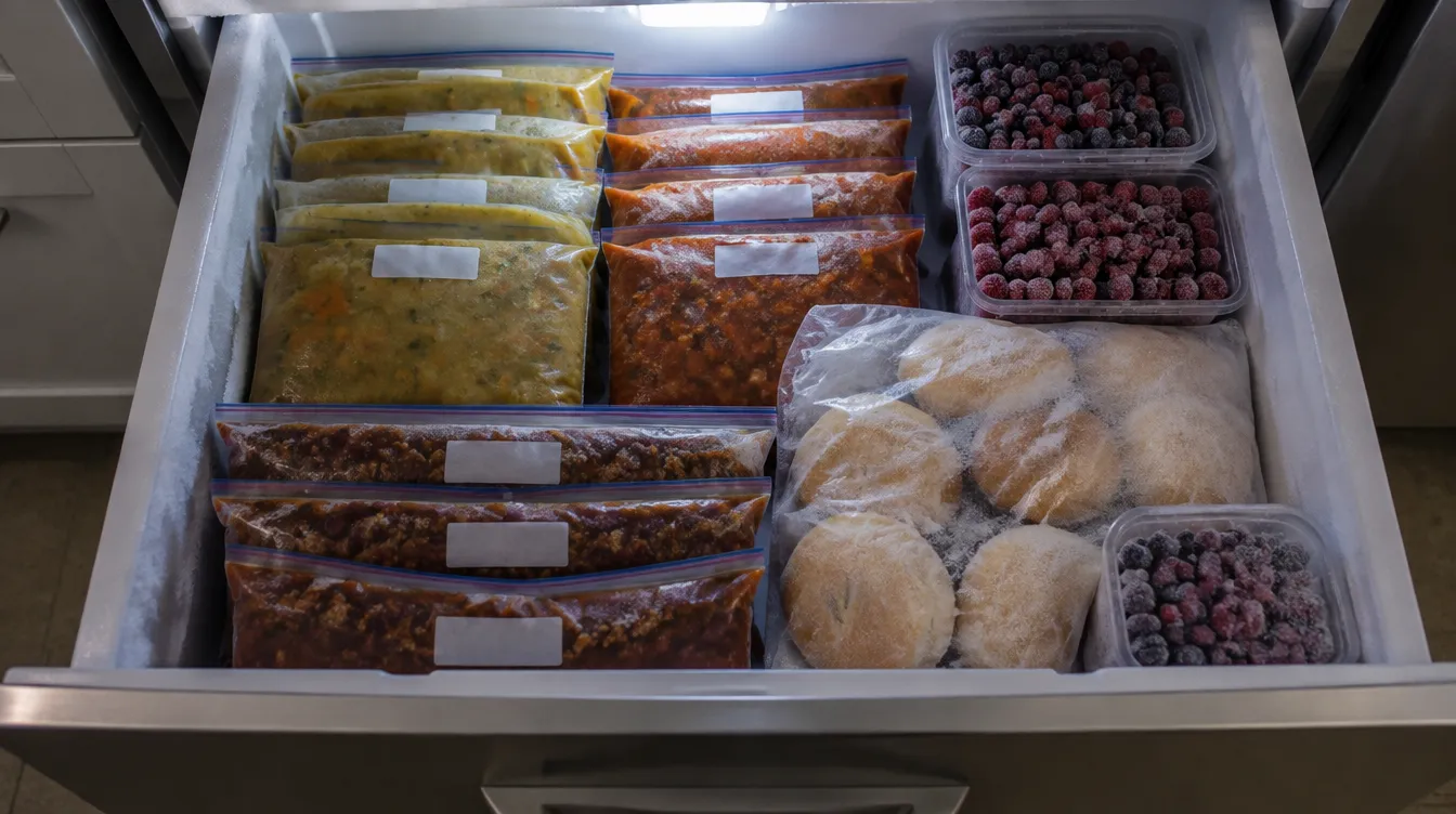 A freezer drawer packed with flat bags of soup, bread rolls and berries