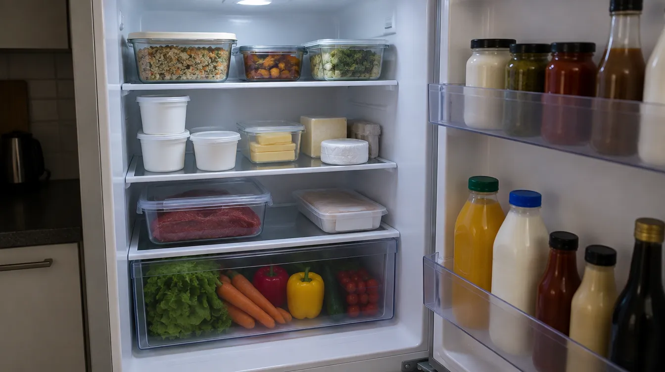 An open fridge organised shelf by shelf with raw meat sealed on the bottom shelf