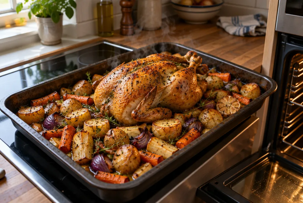A large roasting tray of chicken and vegetables for a family meal, fresh from the oven
