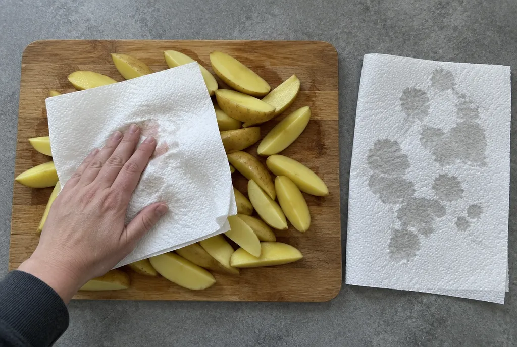 Raw potato wedges being patted dry with kitchen roll on a board before cooking
