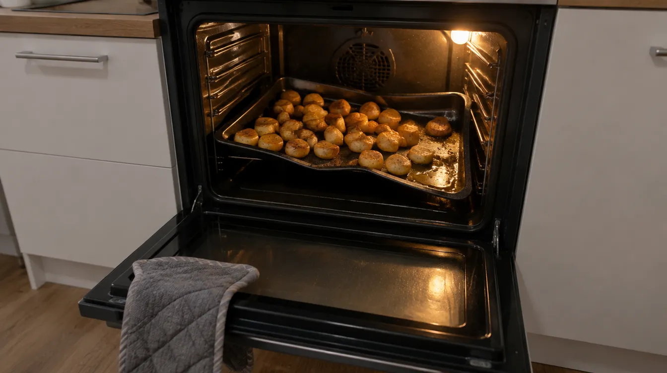 A tray of roast potatoes in an open oven, with an oven glove on the door