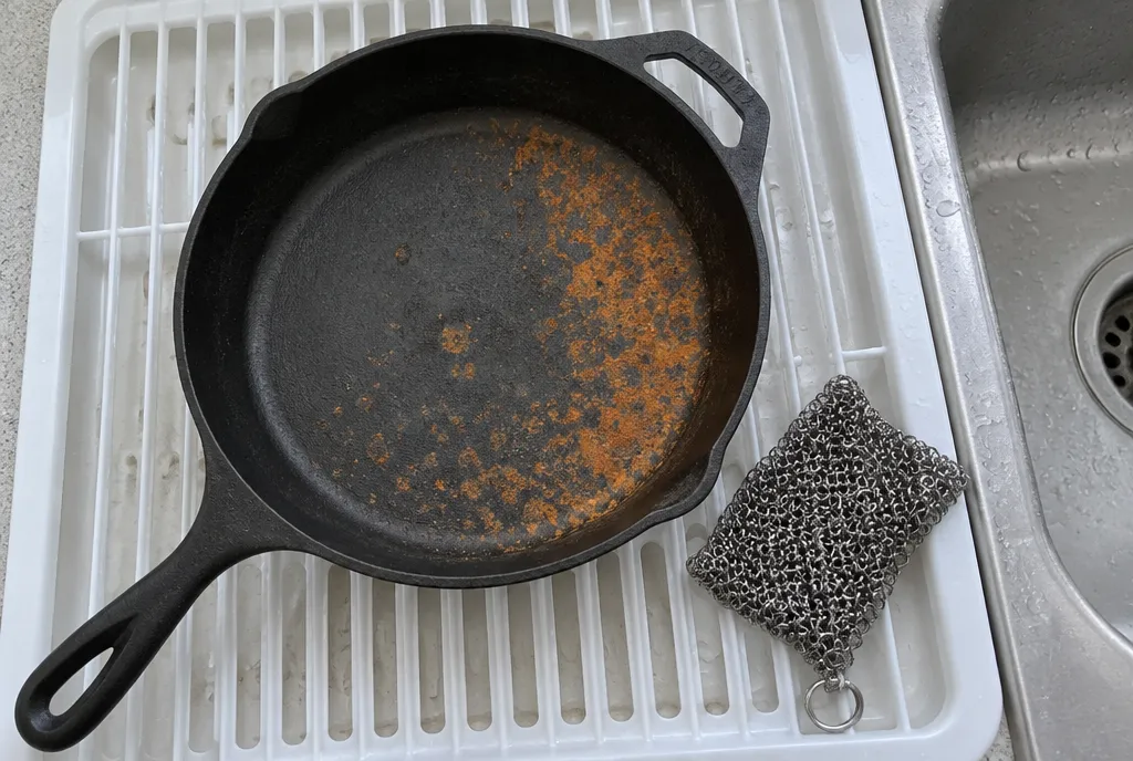 Rust-spotted cast iron skillet on a draining board with a scrubber beside it