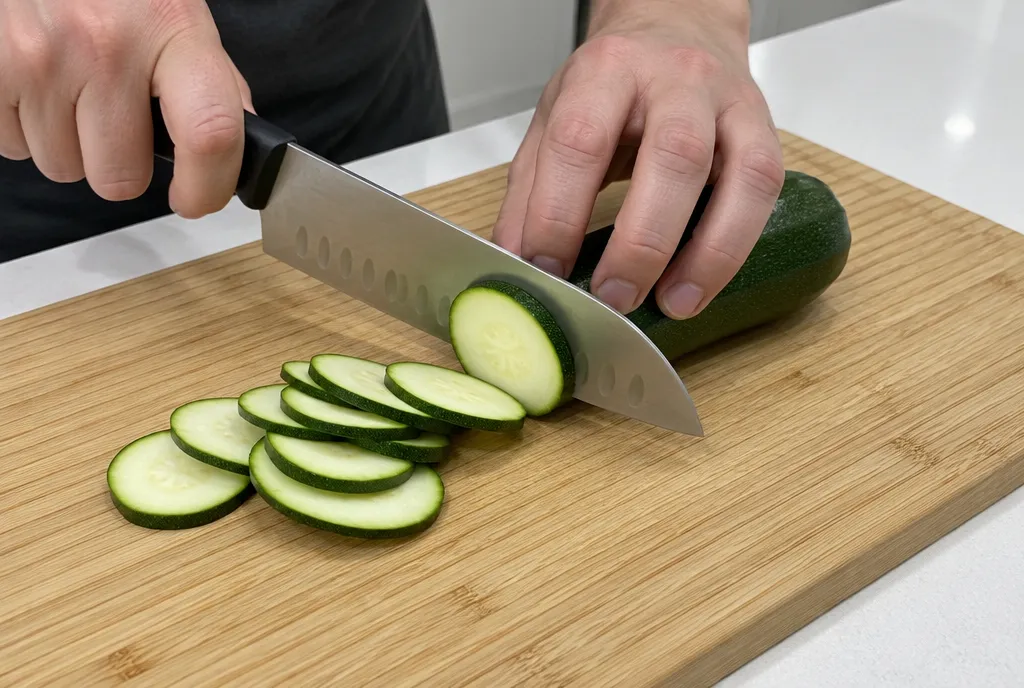 A santoku knife slicing a courgette on a bamboo board