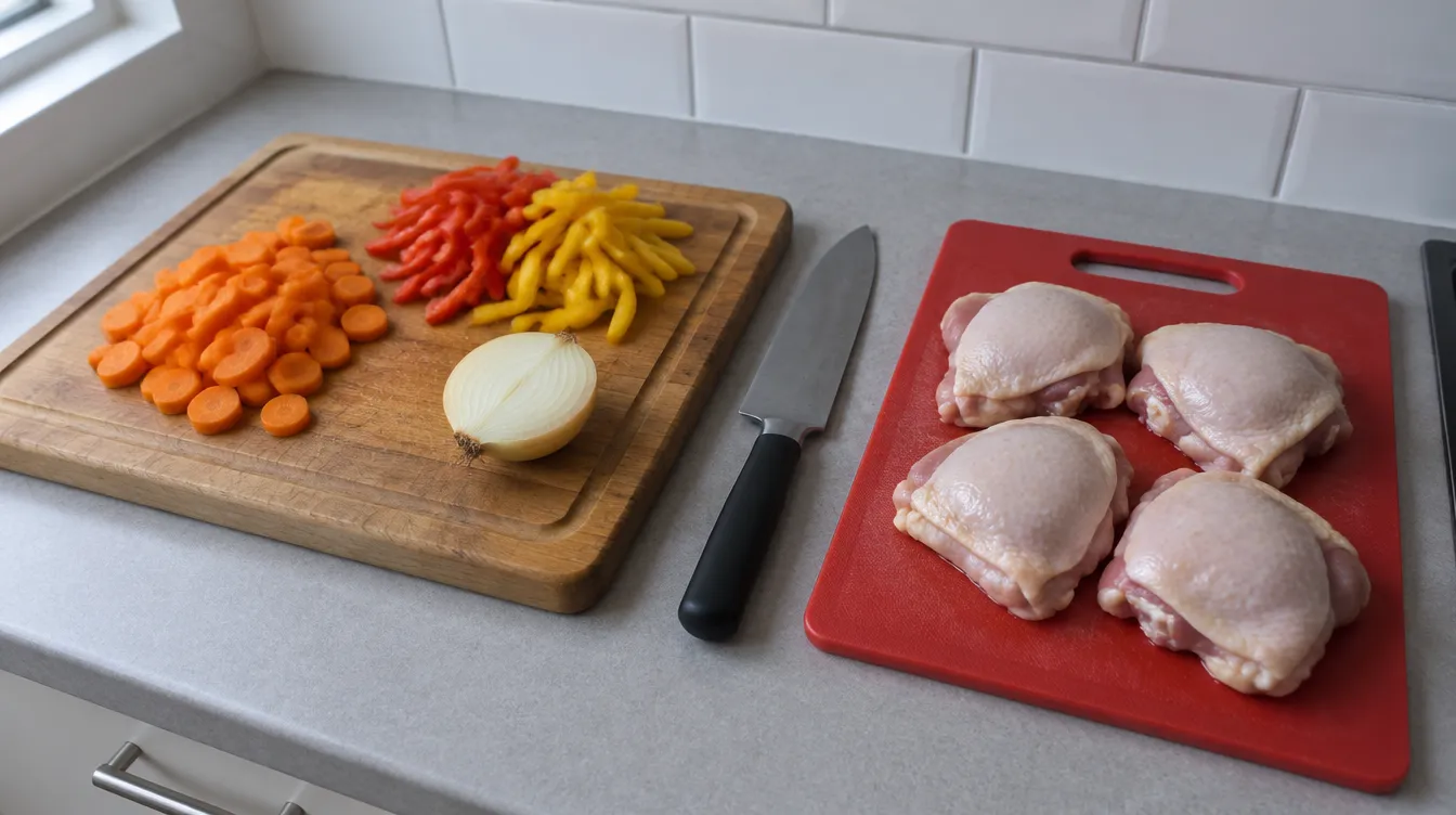 Raw chicken on a red plastic board kept separate from vegetables on a wooden board