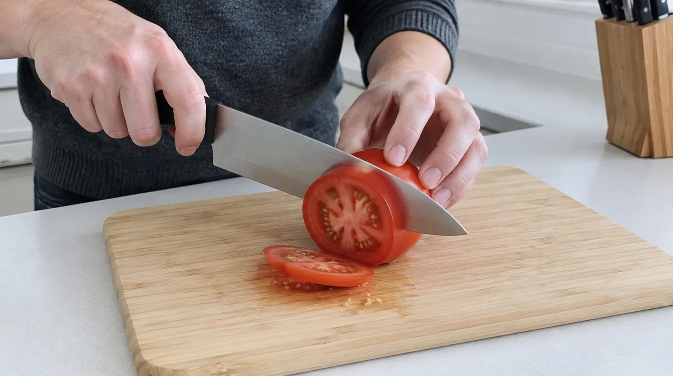 A sharp chef's knife slicing a tomato cleanly on a bamboo board
