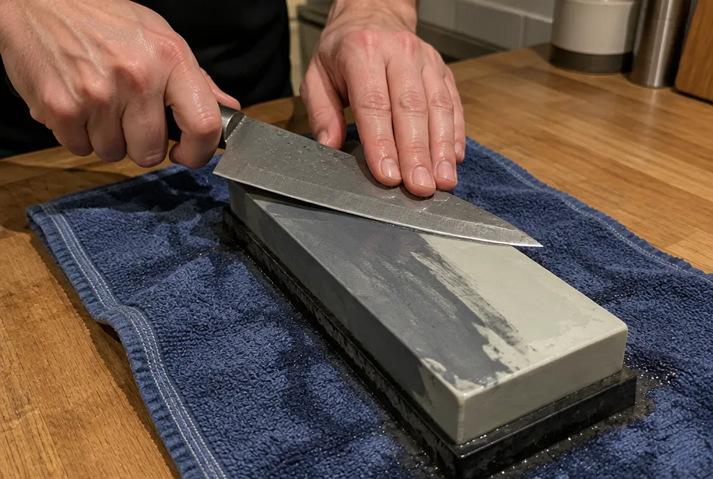 Chef's knife being sharpened on a two-sided whetstone on a wet towel